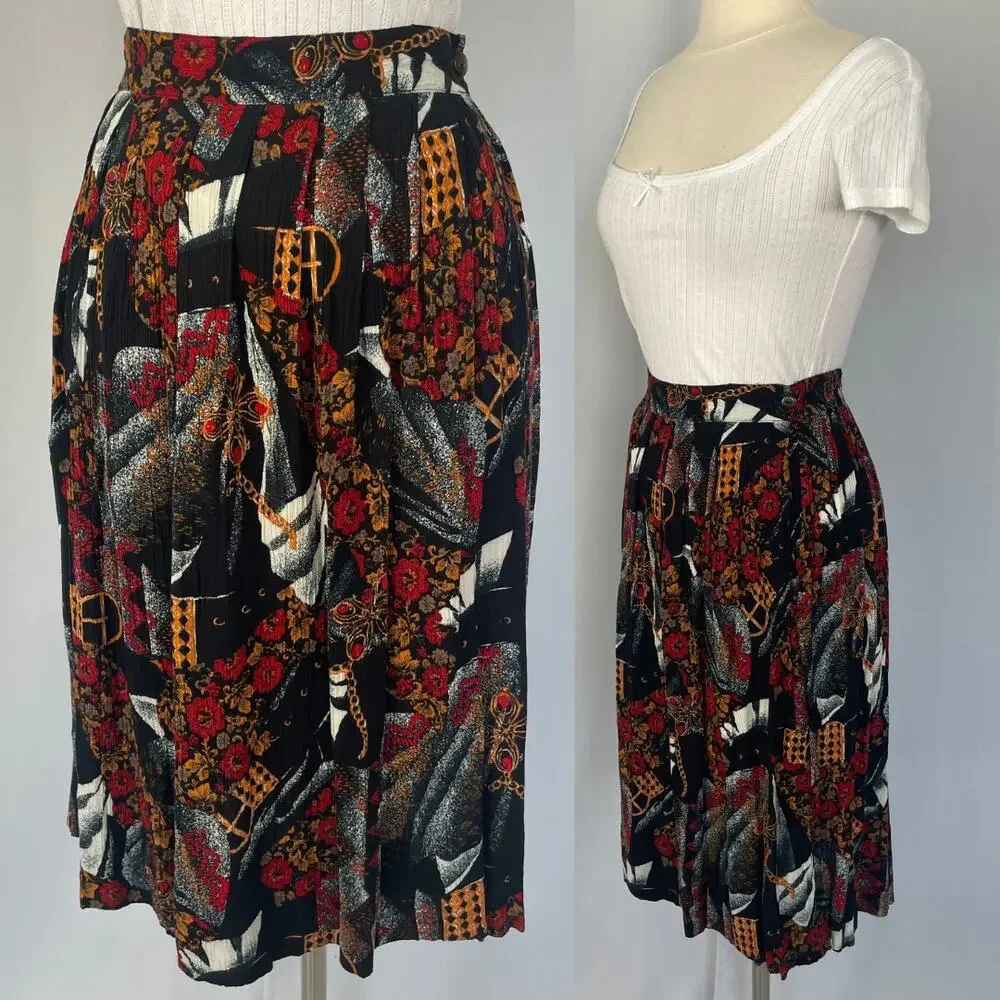 Vintage Midi Skirt Size 10 Petite 10P Black Red Mix Print Floral Preppy Academia